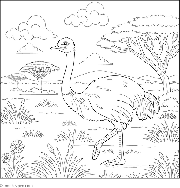 Ostrich in the Savanna coloring page – free printable for kids to color and enjoy