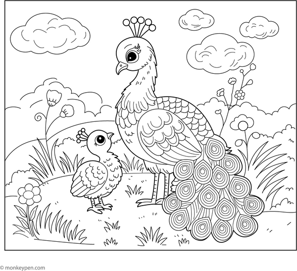 Baby Peacock and Mama Peacock coloring page – free printable for kids to color and enjoy