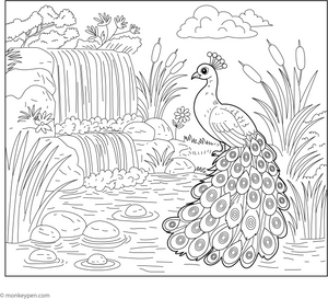 Peacock and a Waterfall coloring page – free printable for kids to color and enjoy