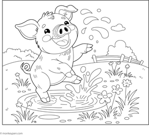 Happy Pig in a Mud Puddle coloring page – free printable for kids to color and enjoy