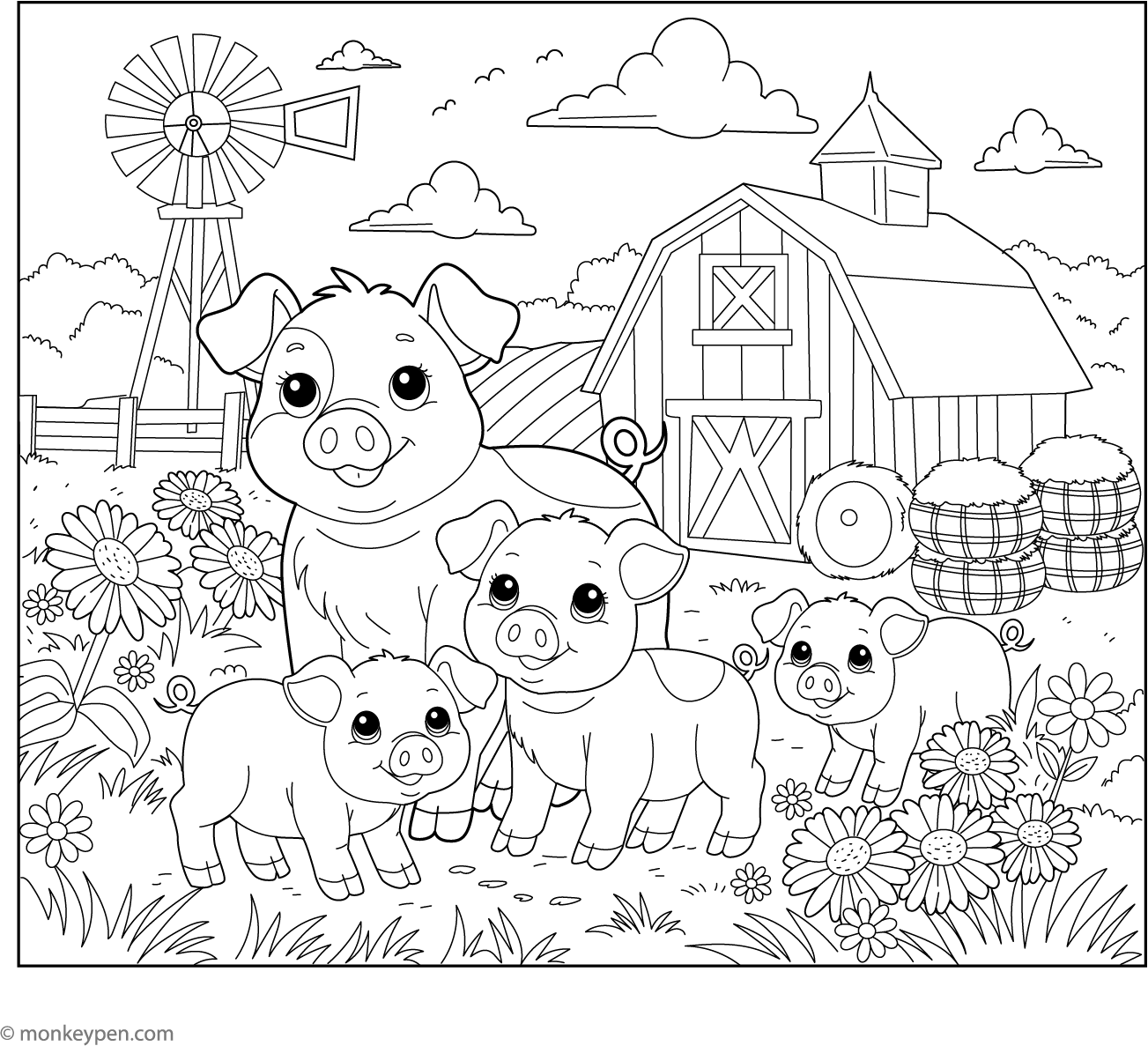 Pig Family on a Farm – Free Printable Coloring Page
