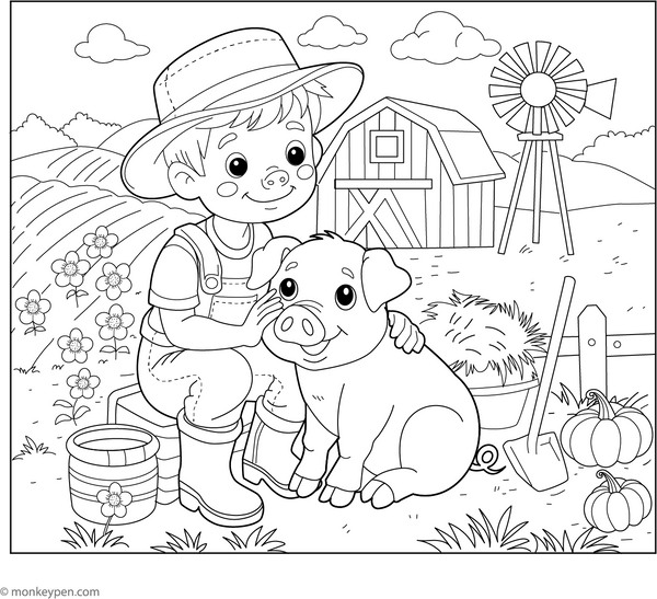 Pig with Farmer coloring page – free printable for kids to color and enjoy