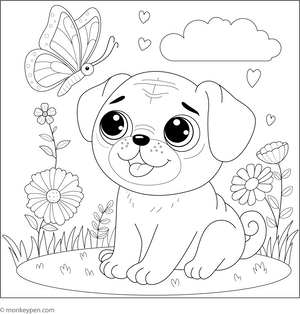 Pug with a Butterfly coloring page – free printable for kids to color and enjoy