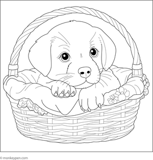 Puppy in a Basket coloring page – free printable for kids to color and enjoy