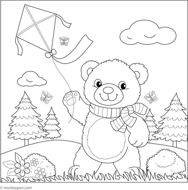 Bear with a Kite Coloring Page – fun and educational printable for children