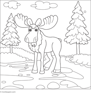 Coloring page of a moose standing near a tranquil river, surrounded by trees and rocks, suitable for children’s outdoor-themed coloring. 