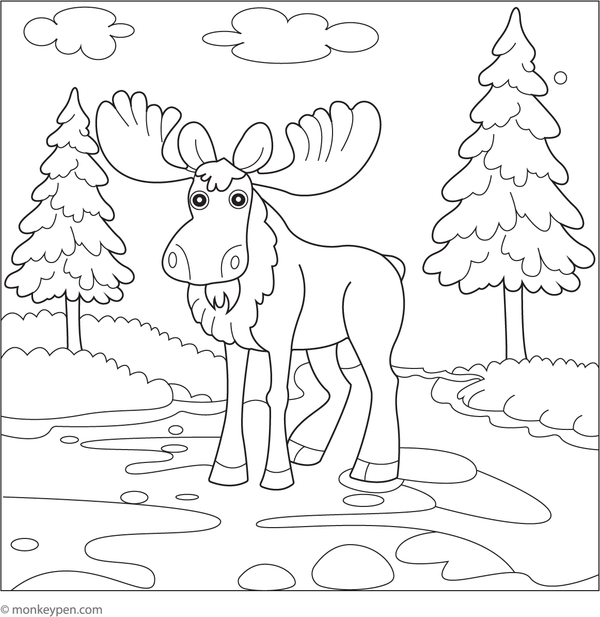 Coloring page of a moose standing near a tranquil river, surrounded by trees and rocks, suitable for children’s outdoor-themed coloring. 
