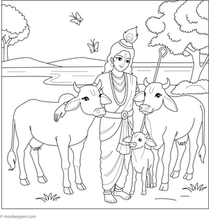 Krishna with cows Coloring Page