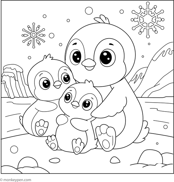 Penguin Family Huddle Coloring Page – fun and educational printable for children