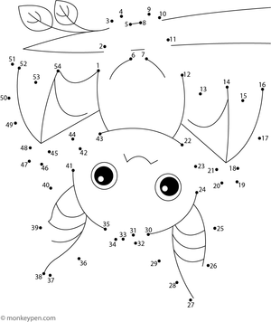 Educational dot-to-dot worksheet of a cartoon bat with wings spread, designed for children to connect and colour.