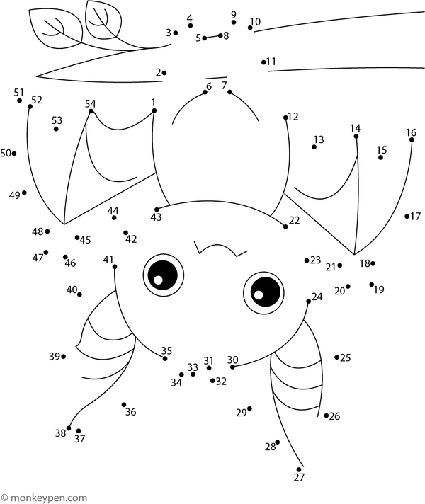 Educational dot-to-dot worksheet of a cartoon bat with wings spread, designed for children to connect and colour.