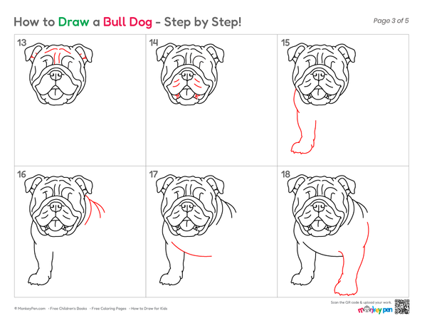Completed bulldog drawing ready to colour and decorate.