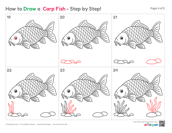 Easy Carp Fish drawing for kids to color