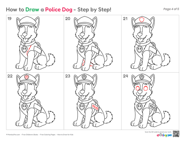Follow this easy step-by-step police dog drawing tutorial to create a brave working dog using simple shapes.
