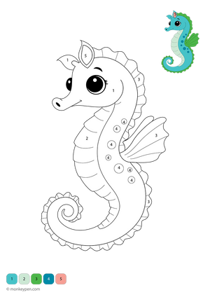 Free downloadable seahorse color-by-number worksheet featuring an underwater scene with numbered sections on the seahorse’s body and background—perfect for kids to explore ocean life while practicing number and color recognition.
