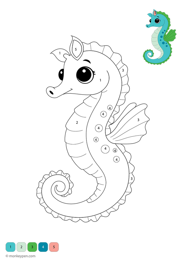 Free downloadable seahorse color-by-number worksheet featuring an underwater scene with numbered sections on the seahorse’s body and background—perfect for kids to explore ocean life while practicing number and color recognition.