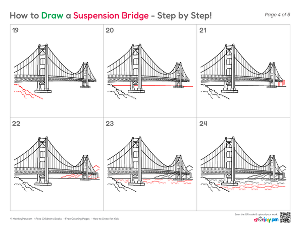 Simple suspension bridge line art for kids