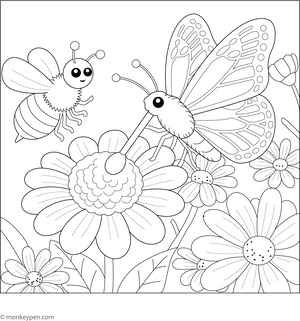 Butterfly and Honeybee Gathering Nectar Coloring Page – fun and educational printable for children