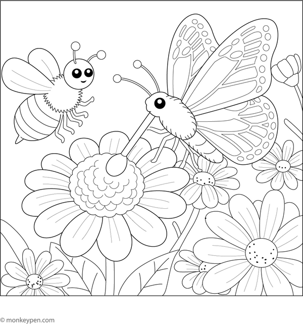 Butterfly and Honeybee Gathering Nectar Coloring Page – fun and educational printable for children