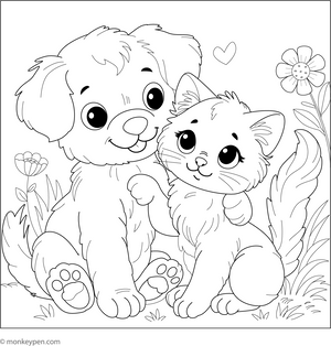 Puppy with Kitten coloring page – free printable for kids to color and enjoy
