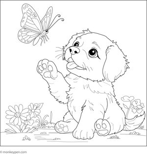 Puppy and Butterfly coloring page – free printable for kids to color and enjoy