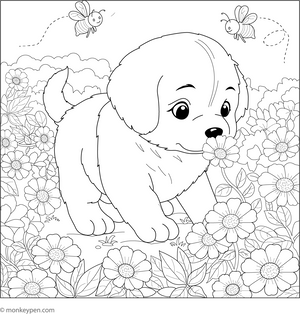 Puppy in Flower Garden coloring page – free printable for kids to color and enjoy