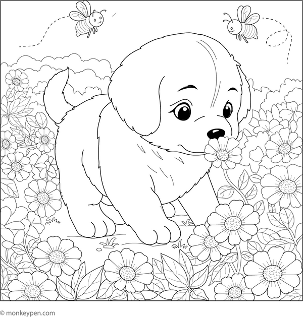 Puppy in Flower Garden coloring page – free printable for kids to color and enjoy