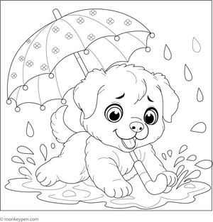 Cute Puppy Playing in Rain coloring page – free printable for kids to color and enjoy