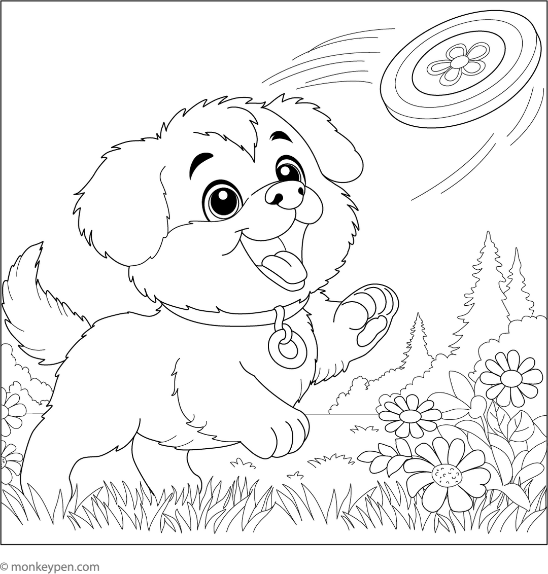 Puppy Playing with Frisbee - Free Coloring Page Printable