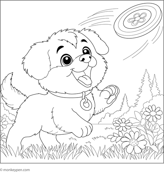 Puppy Playing with Frisbee - Free Coloring Page Printable
