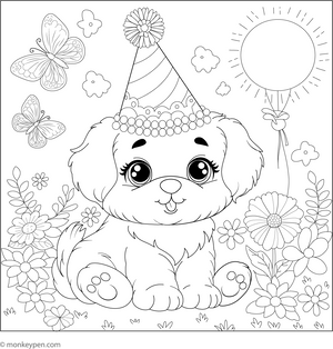 Puppy Wearing Birthday Cap coloring page – free printable for kids to color and enjoy
