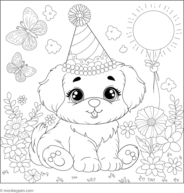 Puppy Wearing Birthday Cap coloring page – free printable for kids to color and enjoy