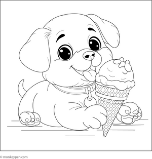 Puppy with an Icecream coloring page – free printable for kids to color and enjoy