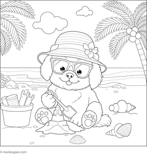 Puppy Building Sand Castle coloring page – free printable for kids to color and enjoy