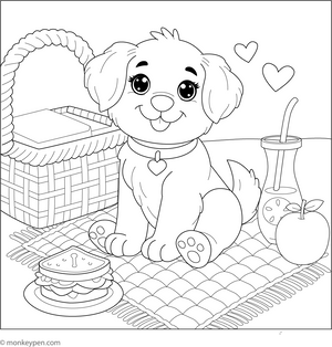 Puppy in a Picnic coloring page – free printable for kids to color and enjoy