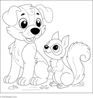 Puppy and Baby Squirrel coloring page – free printable for kids to color and enjoy