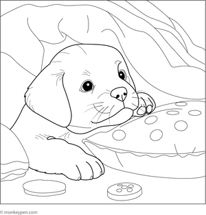 Puppy under the Blanket coloring page – free printable for kids to color and enjoy