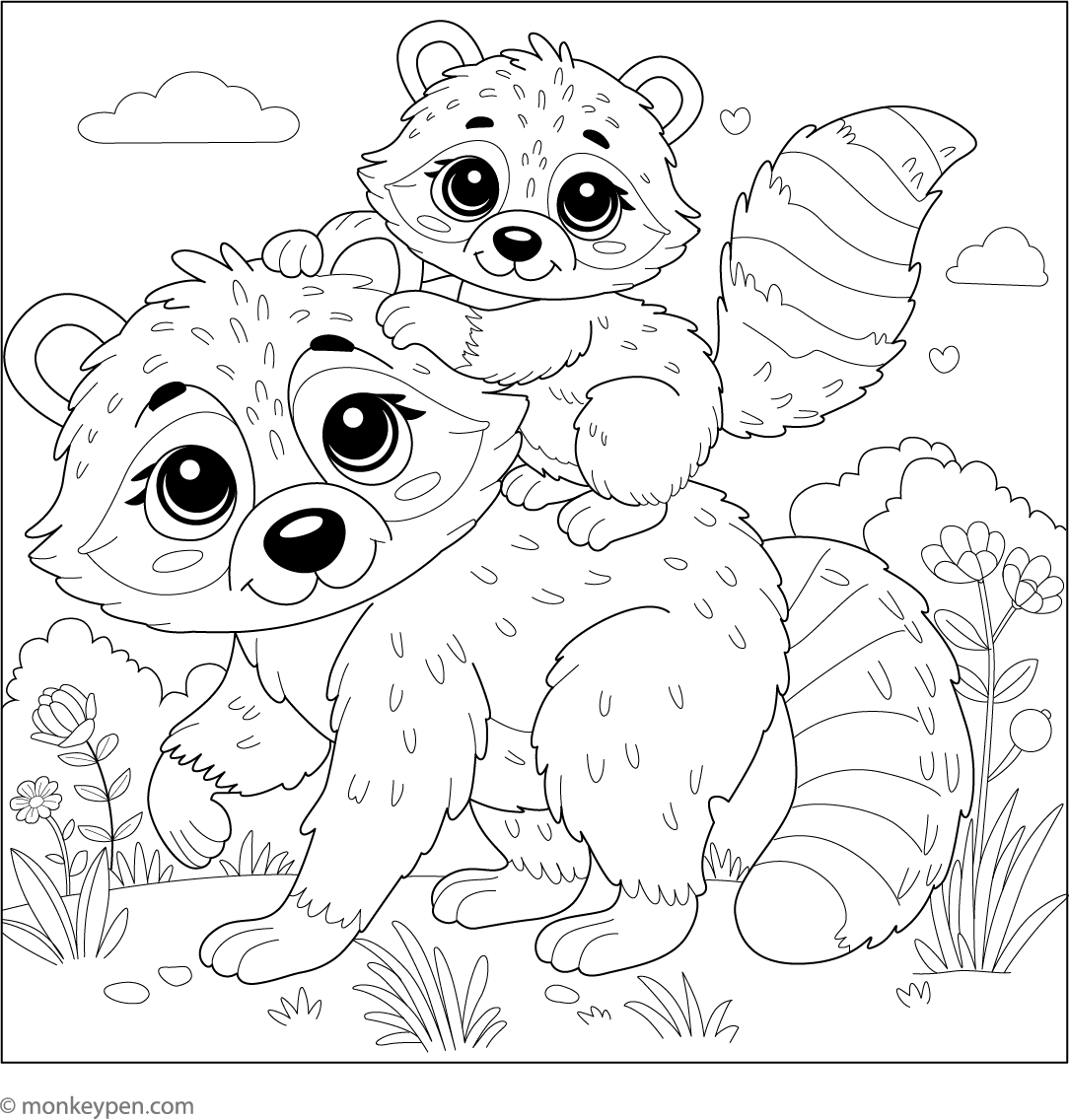 Cute Raccoon Color Pages Baby Raccoon with Mom Coloring Page – Free PDF for Kids