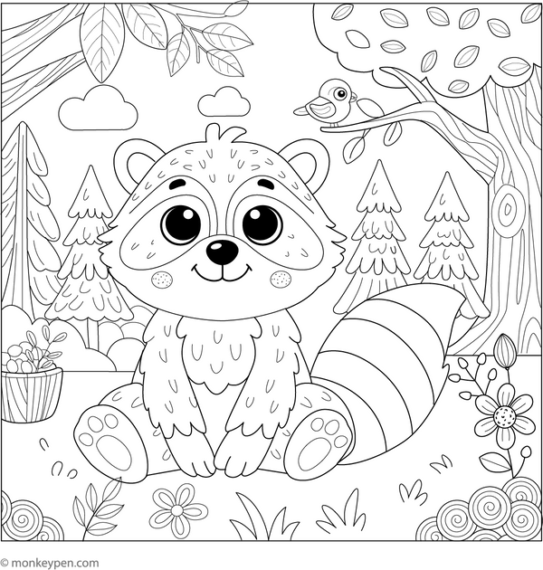 Raccoon in Forest coloring page – free printable for kids to color and enjoy