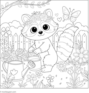 Raccoon in a Garden coloring page – free printable for kids to color and enjoy