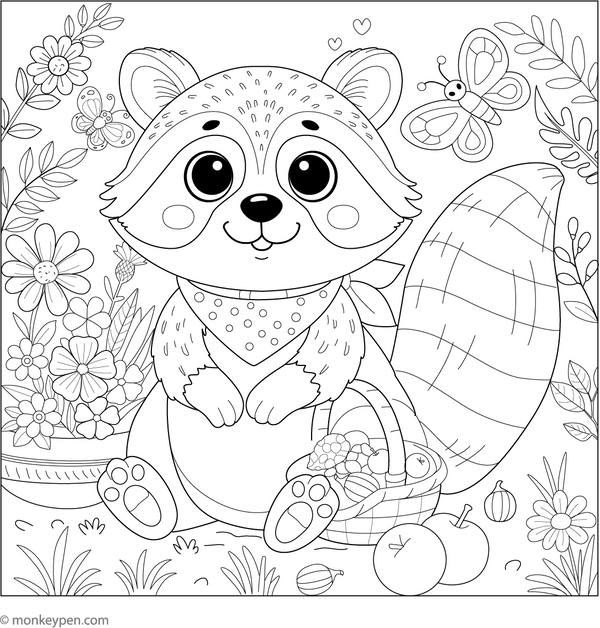Raccoon with Food coloring page – free printable for kids to color and enjoy
