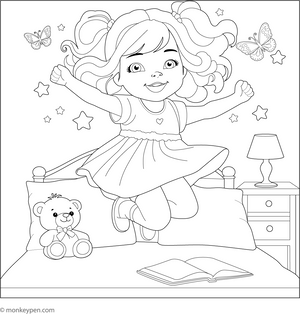 Girl Jumping on the Bed coloring page – free printable for kids to color and enjoy