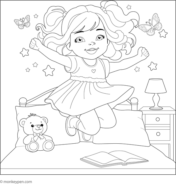 Girl Jumping on the Bed coloring page – free printable for kids to color and enjoy