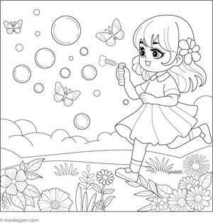 Girl Chasing Bubble coloring page – free printable for kids to color and enjoy