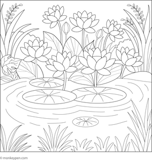 Lotus Pond coloring page – free printable for kids to color and enjoy