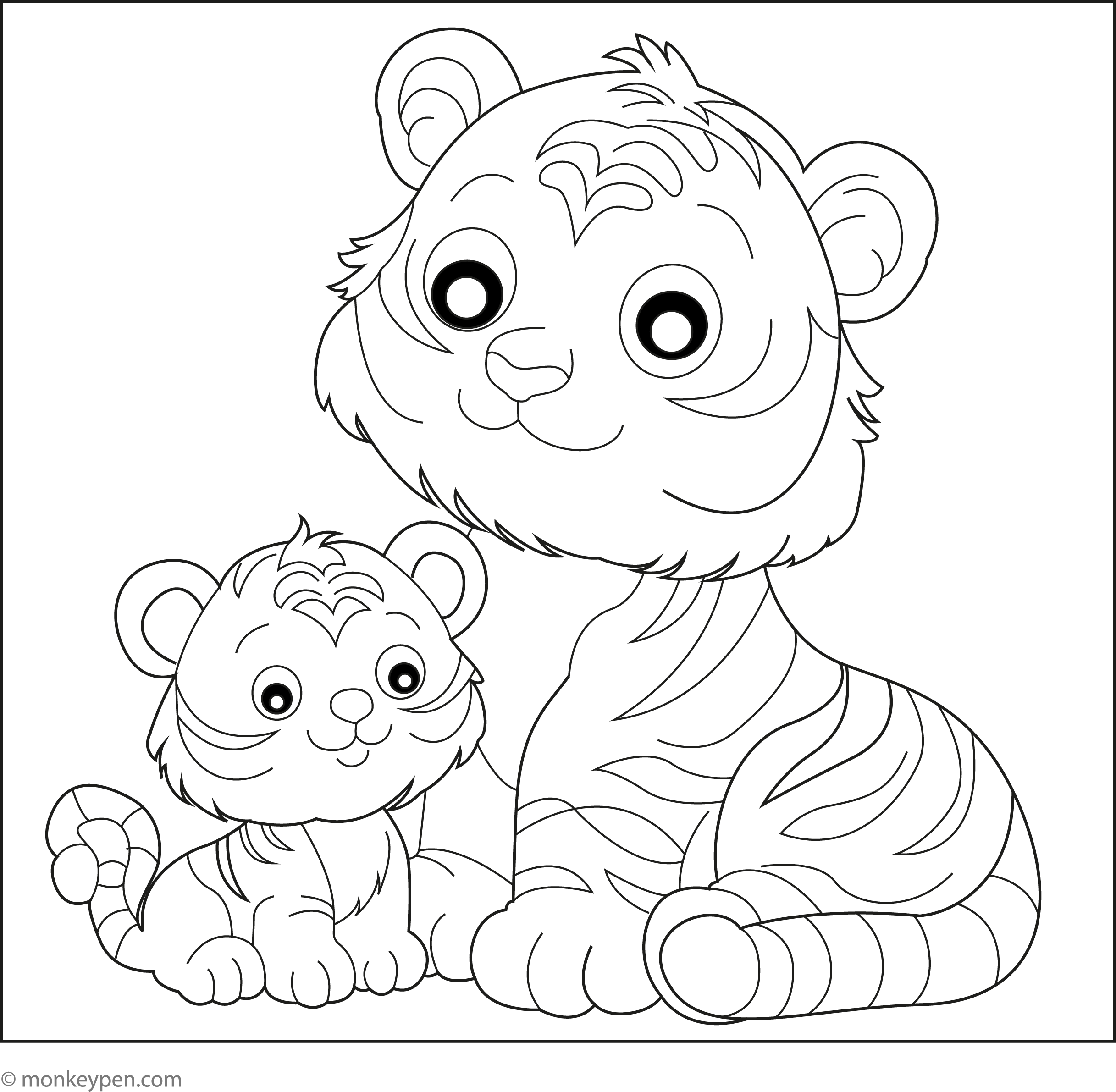 Mother and Baby Tiger Cute Jungle Animal Coloring Page for Kids