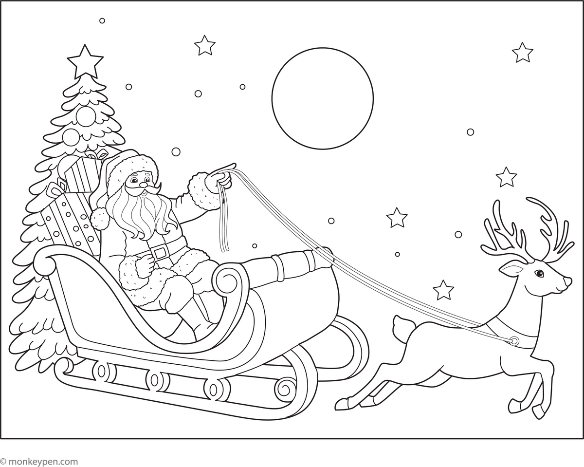 Santa on Sleigh Coloring Page – Free Printable PDF for Kids