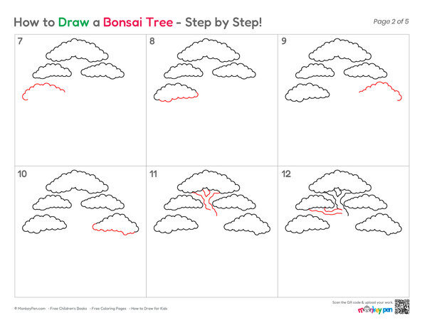 Easy bonsai tree drawing lesson with a winding trunk, leafy branches, decorative pot, and clean line art.