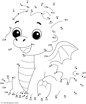 Children’s dot-to-dot worksheet illustrating a cartoon dragon ready to be colored.