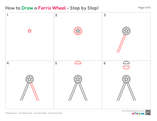 How to Draw a Ferris Wheel – Easy Step-by-Step Amusement Park Drawing for Kids